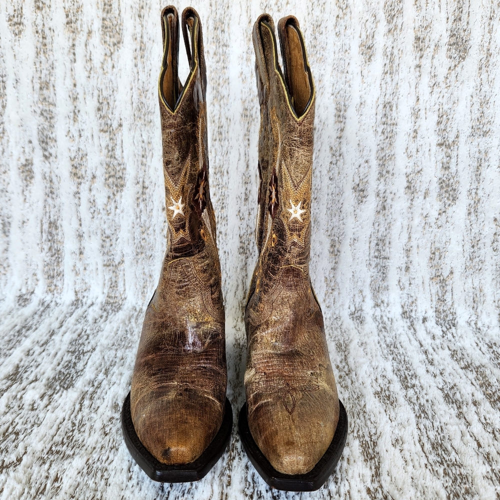J.B. Dillon Distressed Leather Western Cowboy Boots Tan Floral | Women's Size 5B - Picture 4 of 12